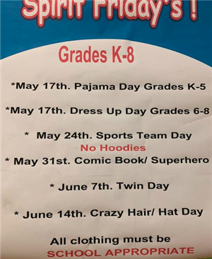  poster indication the themes for each of the spirit Fridays